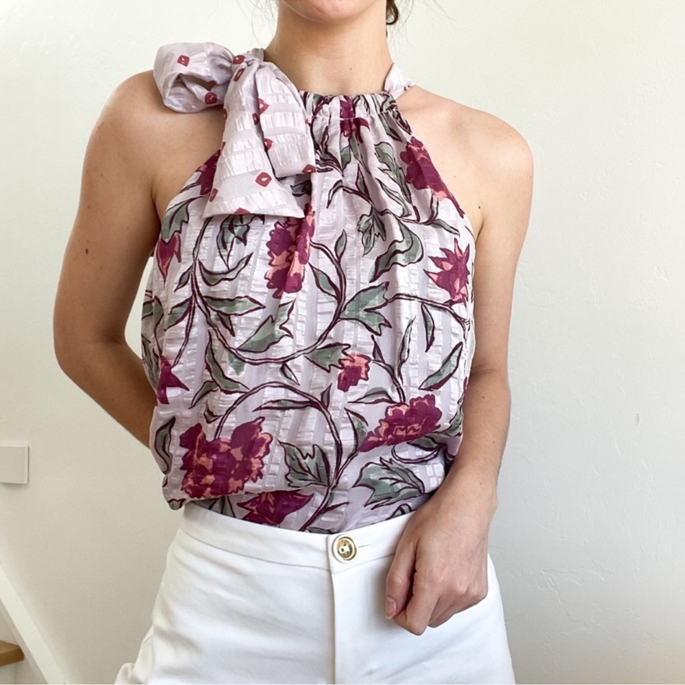 Rebecca Taylor Zadie Silk Bow Top Lilac Floral Tie Side Blouse Tank Top XSmall